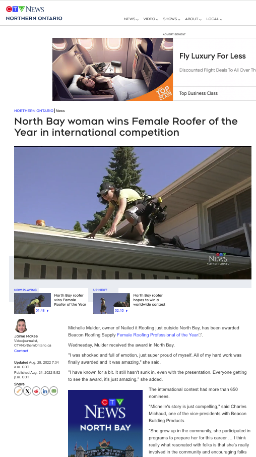 North Bay woman wins Female Roofer of the Year in international competition