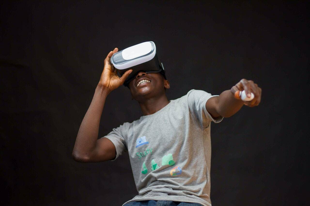 Man wearing VR goggles, Virtual reality